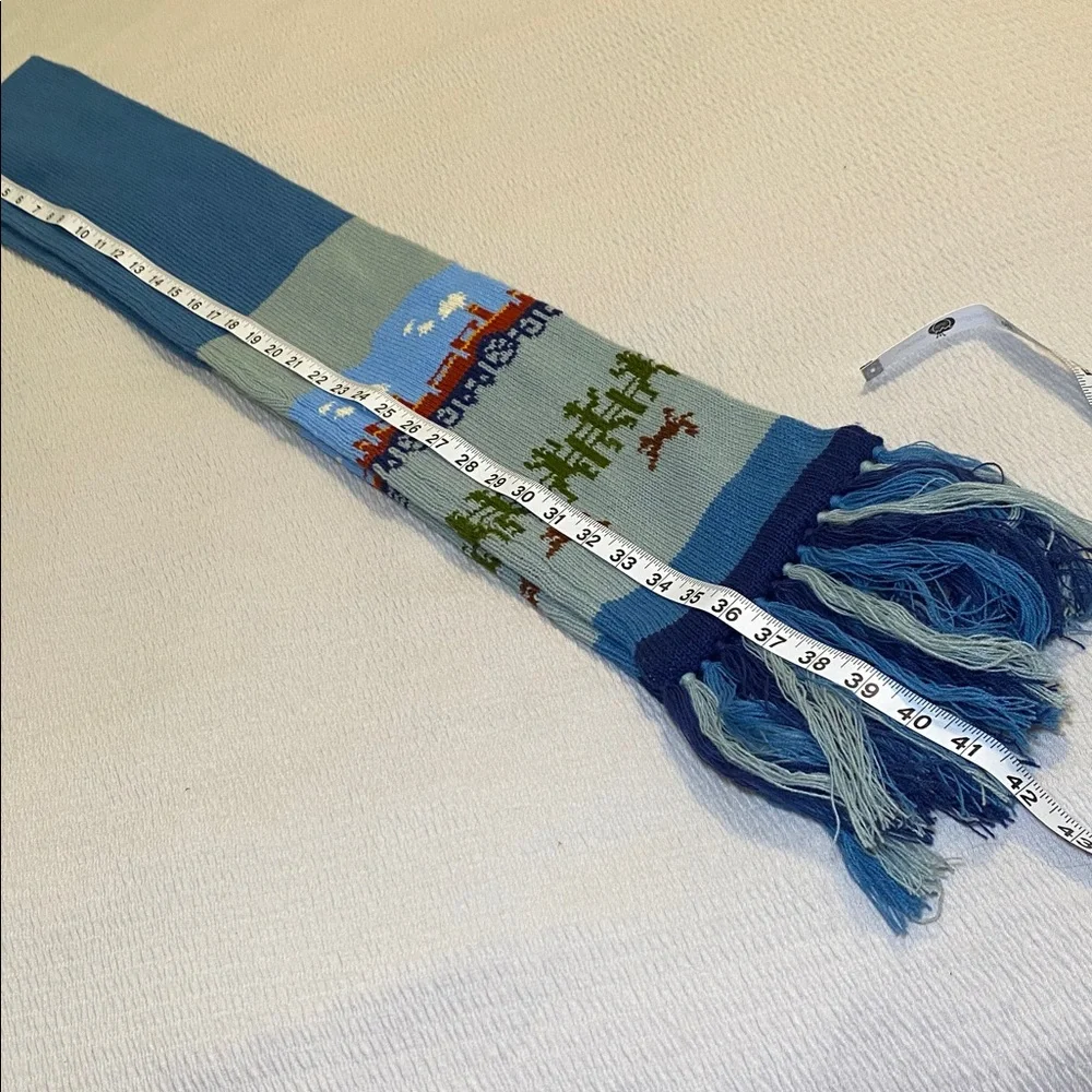 Vintage Collage Knit Scarf Blue Gray Train Cowboy‎ Railroad Whimsical Twee